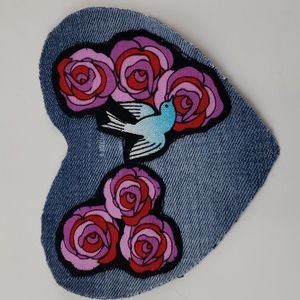 Heart Shaped Denim Sew On Patch Roses and a Dove Upcycled Patch